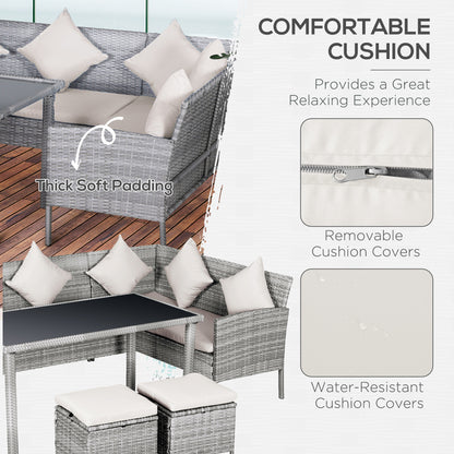 Mora Rattan 7 Seater Outdoor Dining Set with Sofa 2 Footstools and Rectangular Table