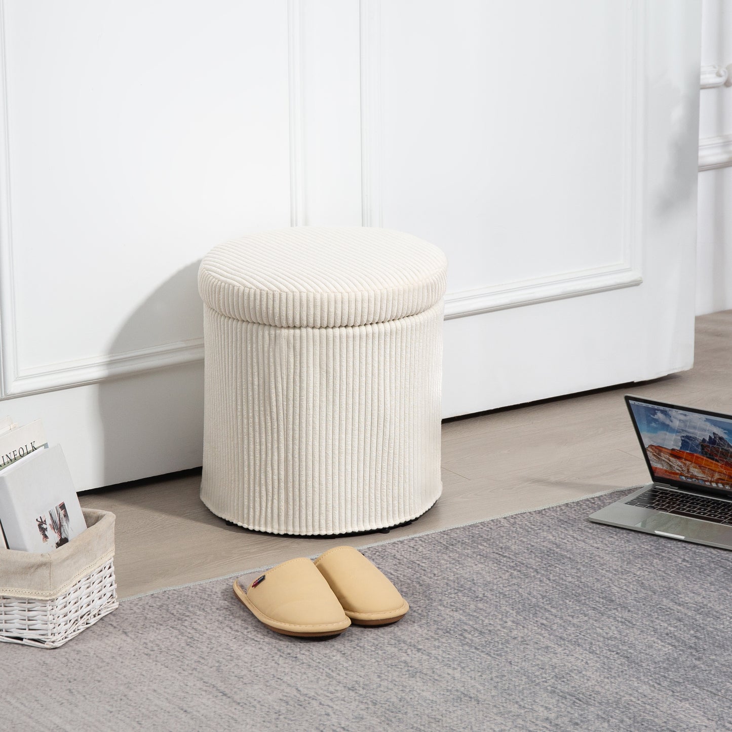 Rokael Round Beige Corduroy Storage Footstool With Removable Lid