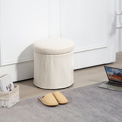 Rokael Round Beige Corduroy Storage Footstool With Removable Lid
