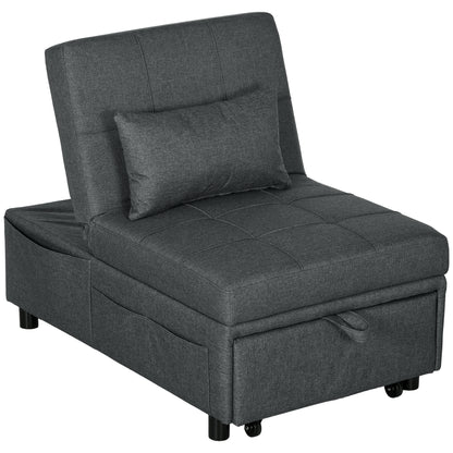 Bazi Fabric Grey 4 In One Convertible Chair Bed With Adjustable Back Side Pocket Wheels And Pillow