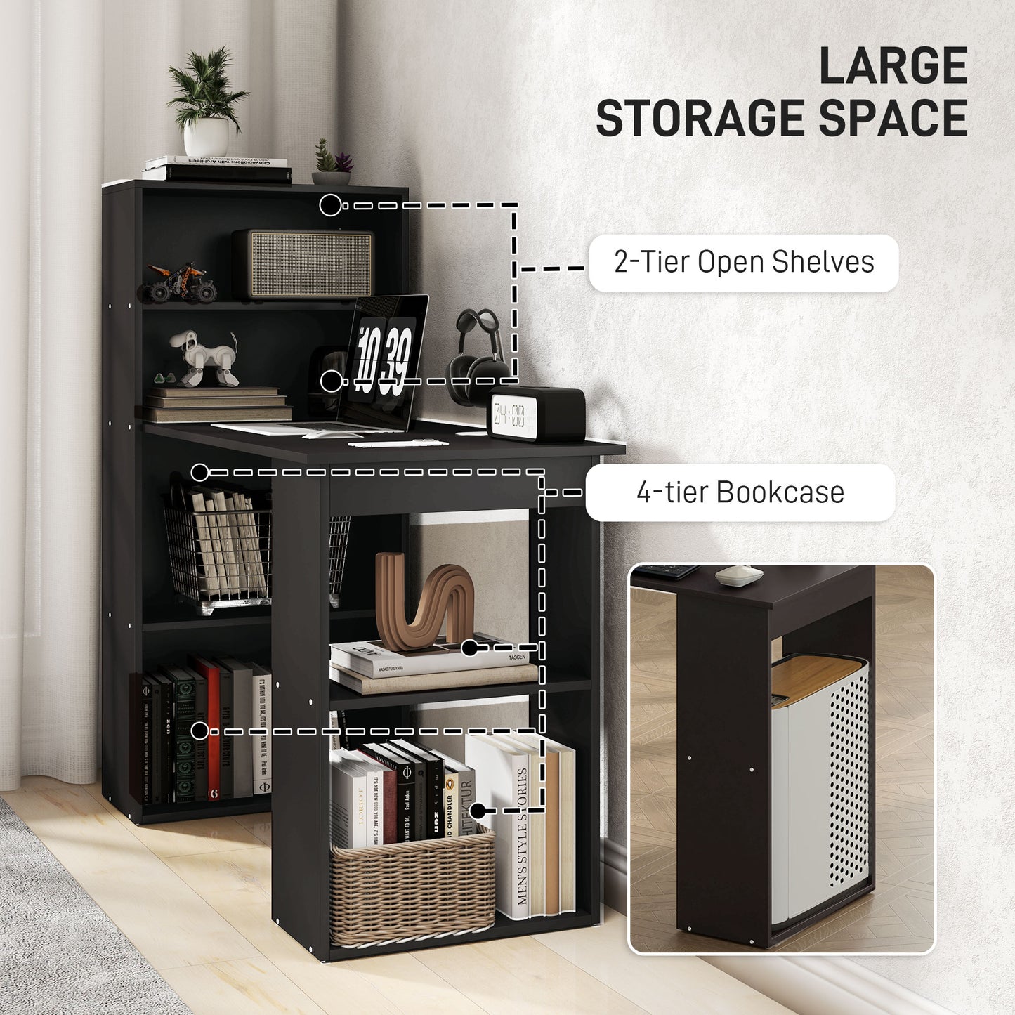 Elni 120cm Wooden Black Study Desk With 6 Tier Bookshelf Storage