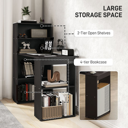 Elni 120cm Wooden Black Study Desk With 6 Tier Bookshelf Storage