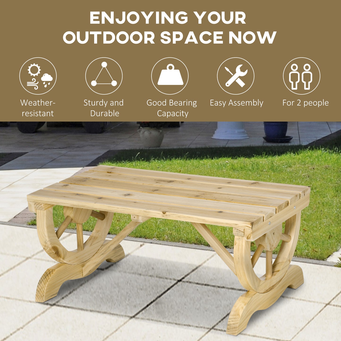 Bave Pana Wood Natural Rustic 2 Seater Garden Bench With Wagon Wheel Legs And Slatted Seat