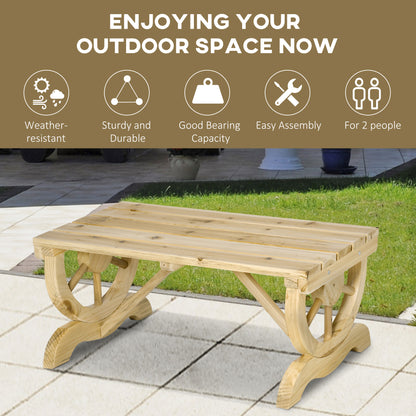 Bave Pana Wood Natural Rustic 2 Seater Garden Bench With Wagon Wheel Legs And Slatted Seat