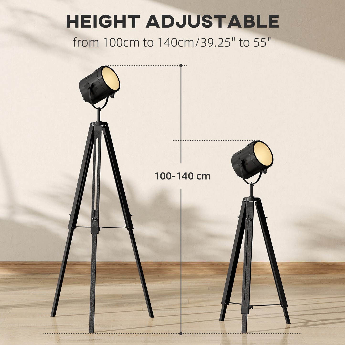 Suta Wood And Metal Black Tripod Searchlight Floor Lamp Adjustable Head