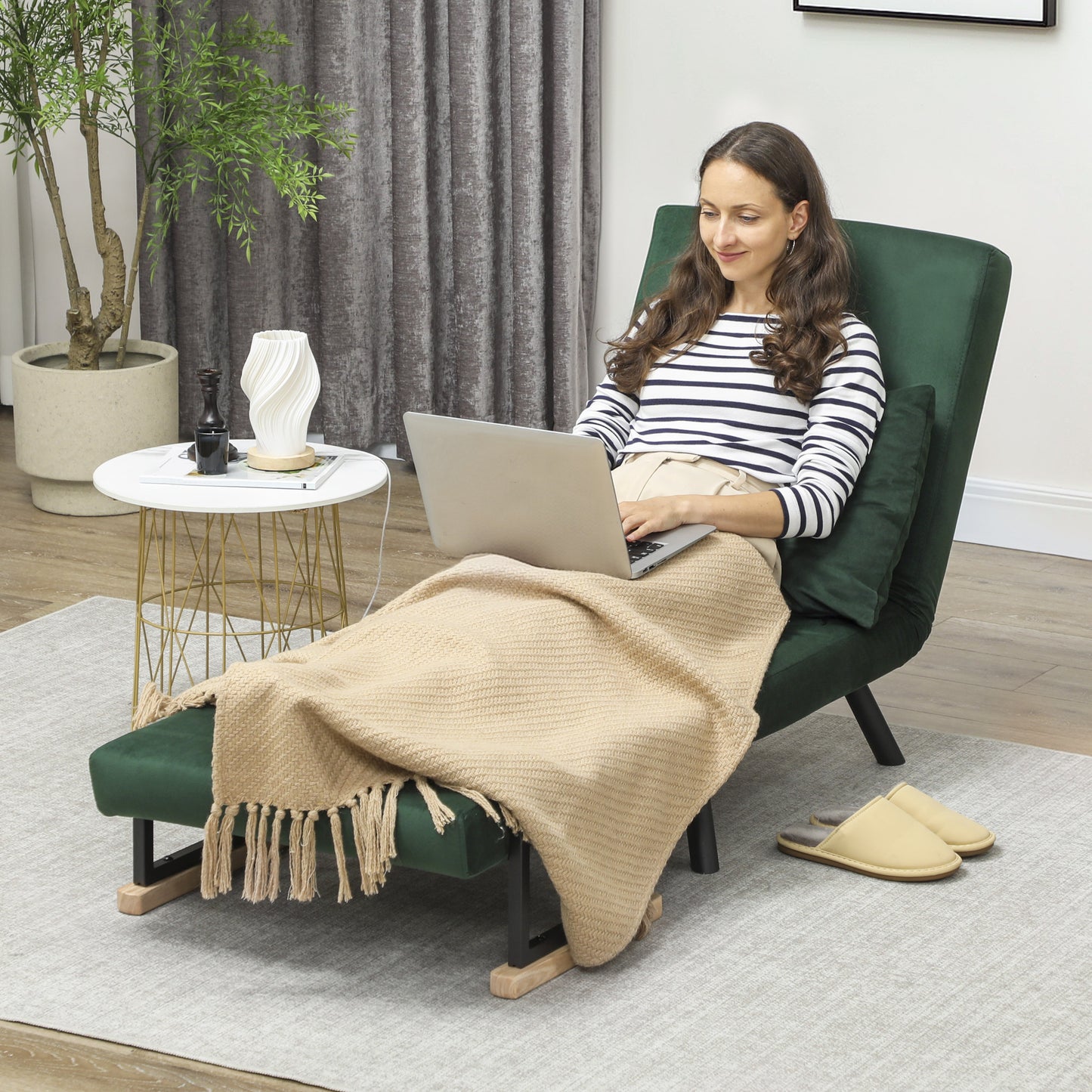 Zifayo Velvet Green 4 In One Convertible Single Chair Bed With Cushion