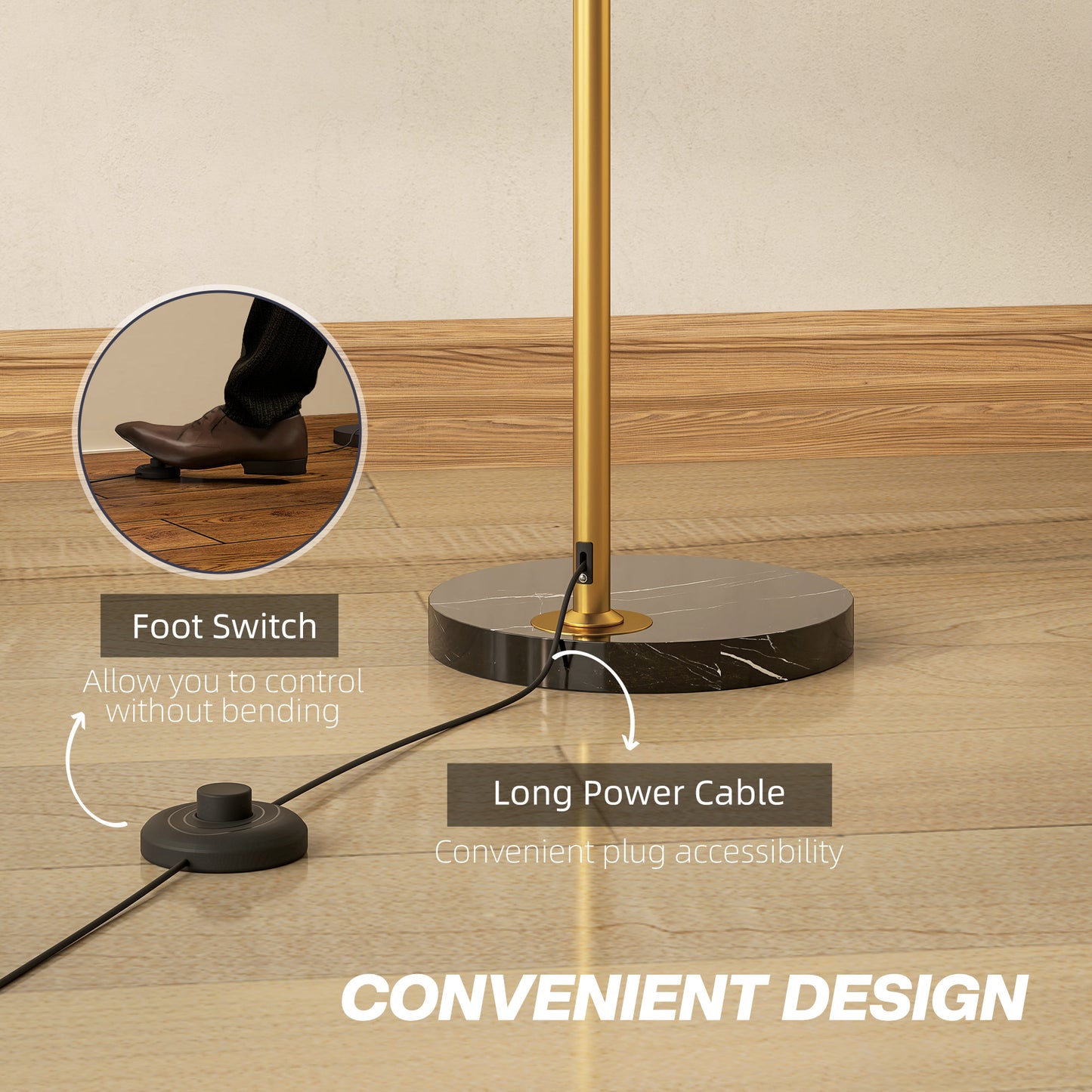 Ketota Gold Metal And Black Marble Arc Bell Floor Lamp With Adjustable Shade