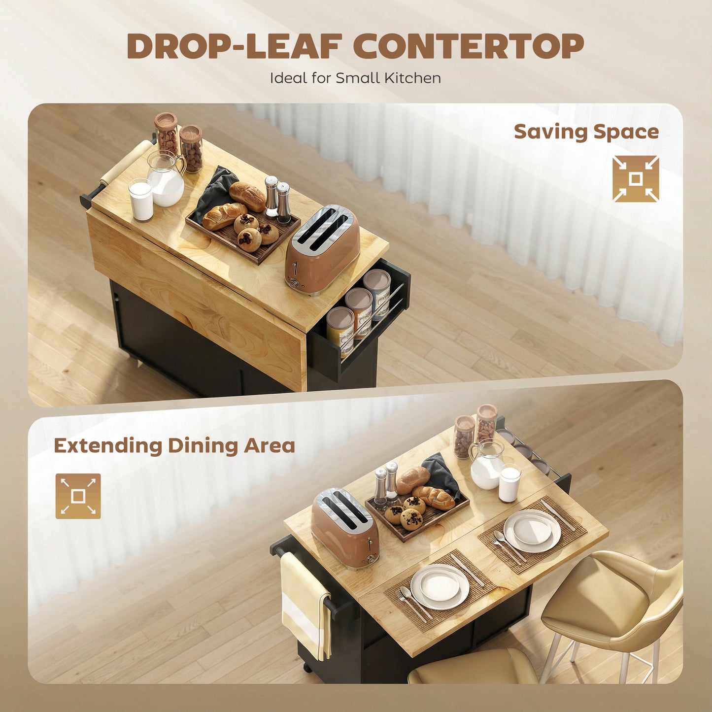 Rolelo Wooden Black Rolling Kitchen Island With Drop Leaf Drawer Towel And Spice Racks