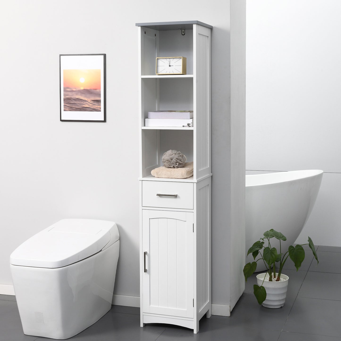 Noka Tall Slim Bathroom Linen Cabinet With Shelves Drawer And Door In White