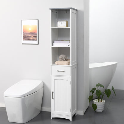 Noka Tall Slim Bathroom Linen Cabinet With Shelves Drawer And Door In White