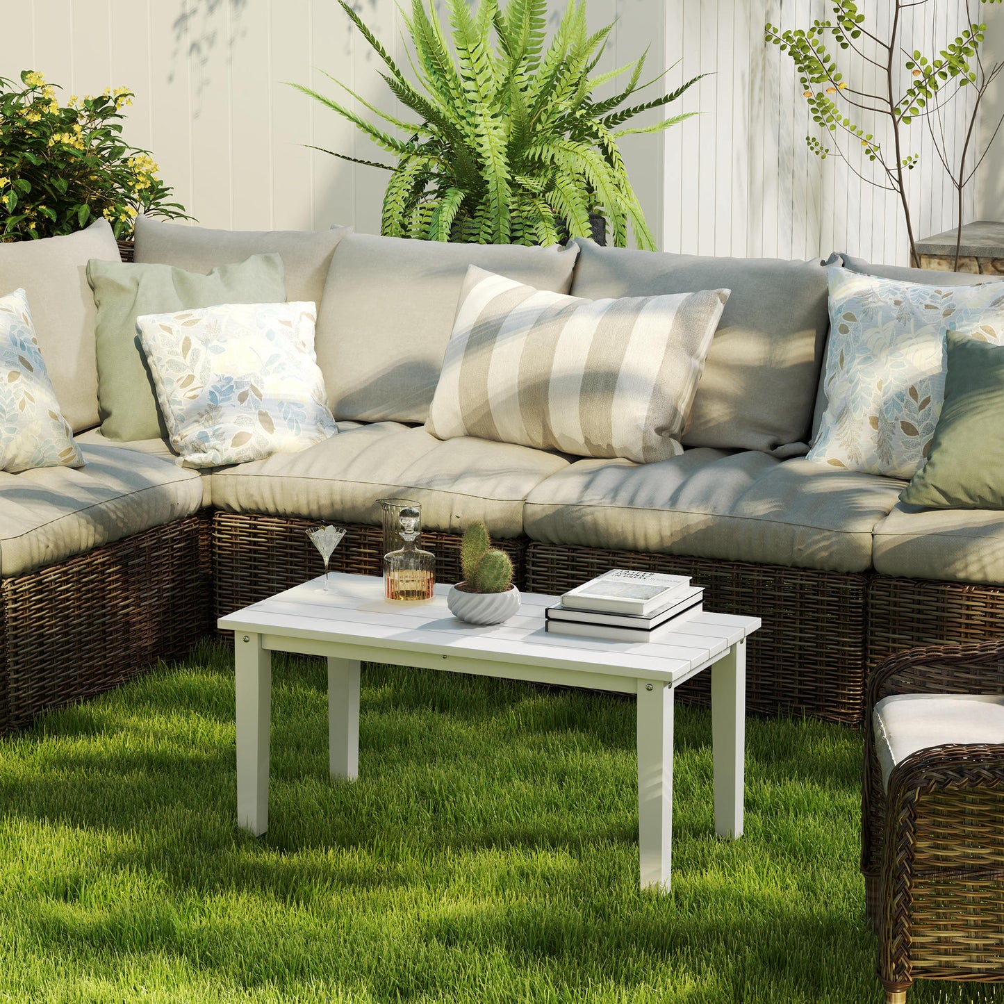 Harota Wooden White Outdoor Rectangular Coffee Table With Slatted Top For Garden And Balcony Use
