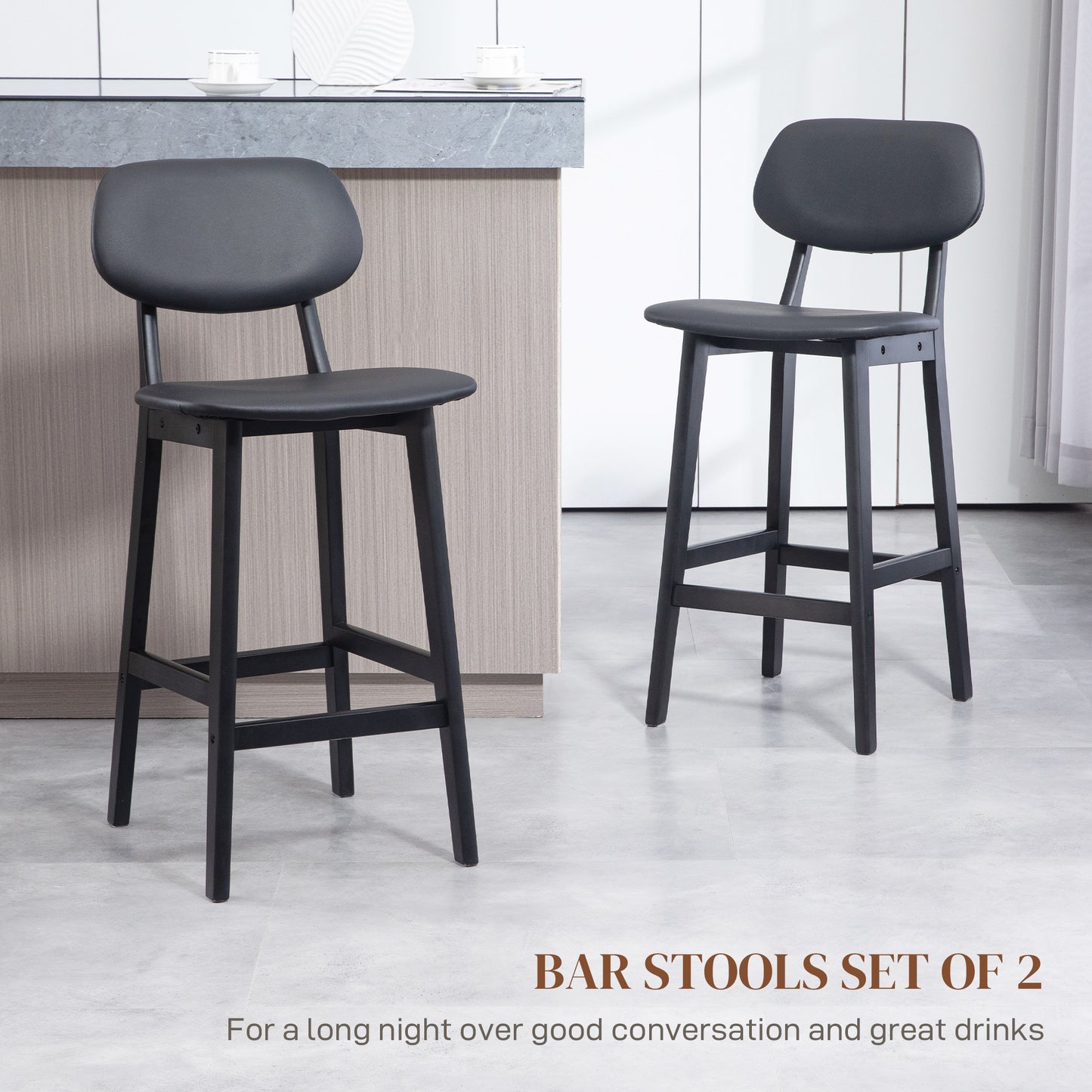 Resono Solid Wood Black Classic Bar Stools Set Of 2 With Faux Leather Seats