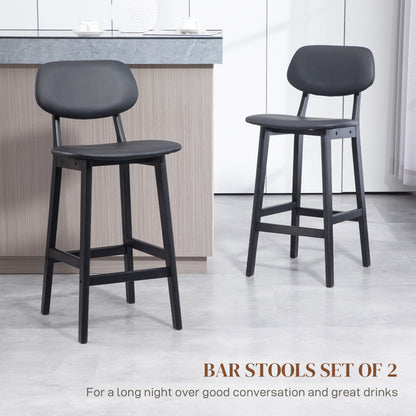 Resono Solid Wood Black Classic Bar Stools Set Of 2 With Faux Leather Seats
