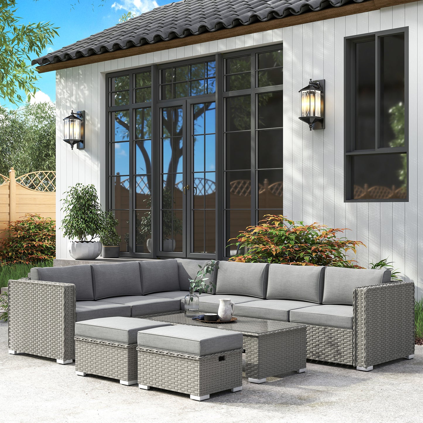 Rava Faux Rattan Grey 8 Seater Corner Sofa Set With Glass Coffee Table And Footstools