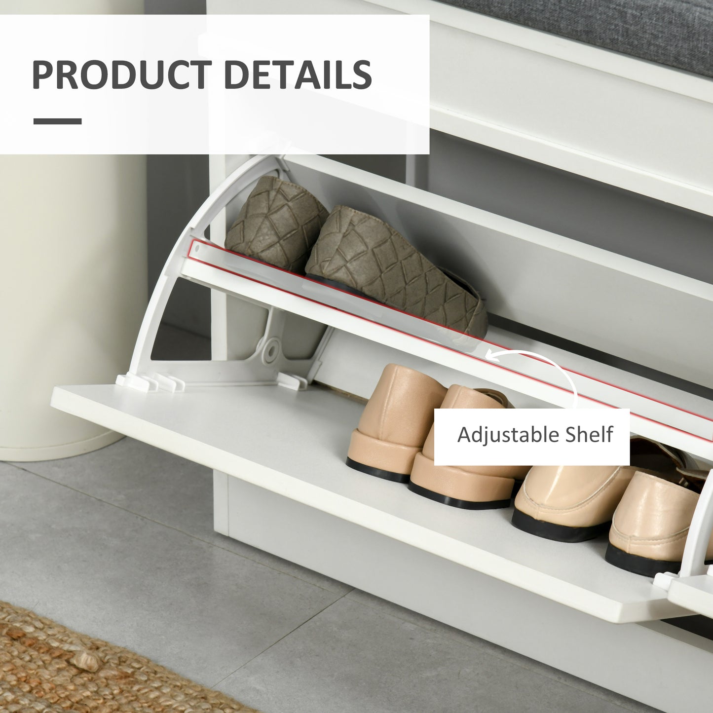 Nedola Wooden White Shoe Storage Bench With Cushioned Seat 2 Flip Drawers