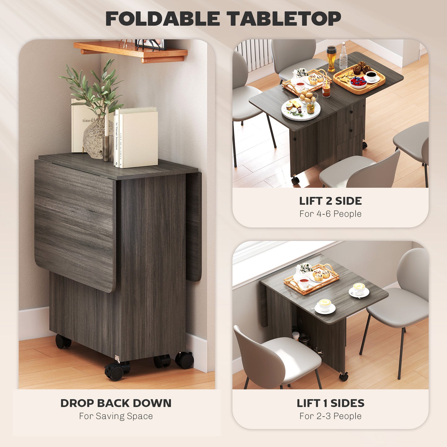 Todiralo Wooden Grey Drop Leaf Dining Table With Built In Storage For 6