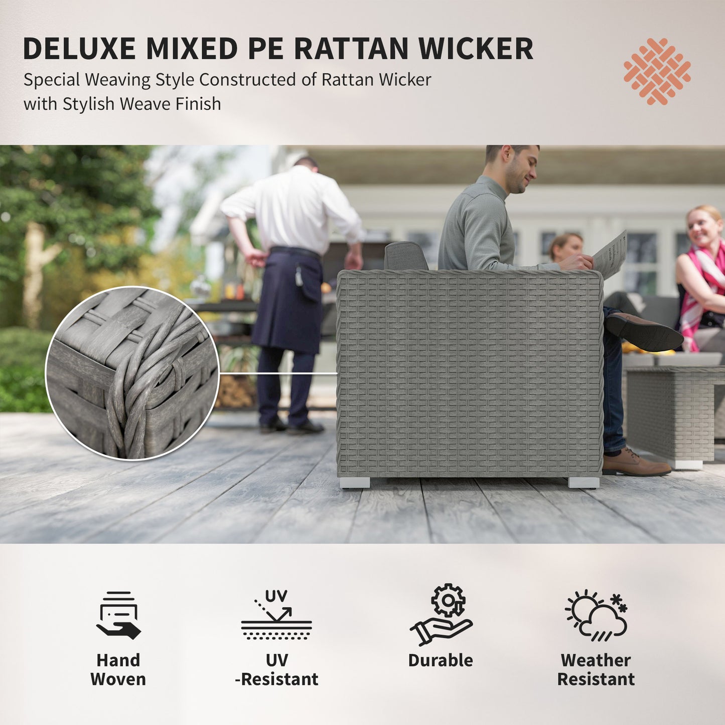 Rava Faux Rattan Grey 8 Seater Corner Sofa Set With Glass Coffee Table And Footstools