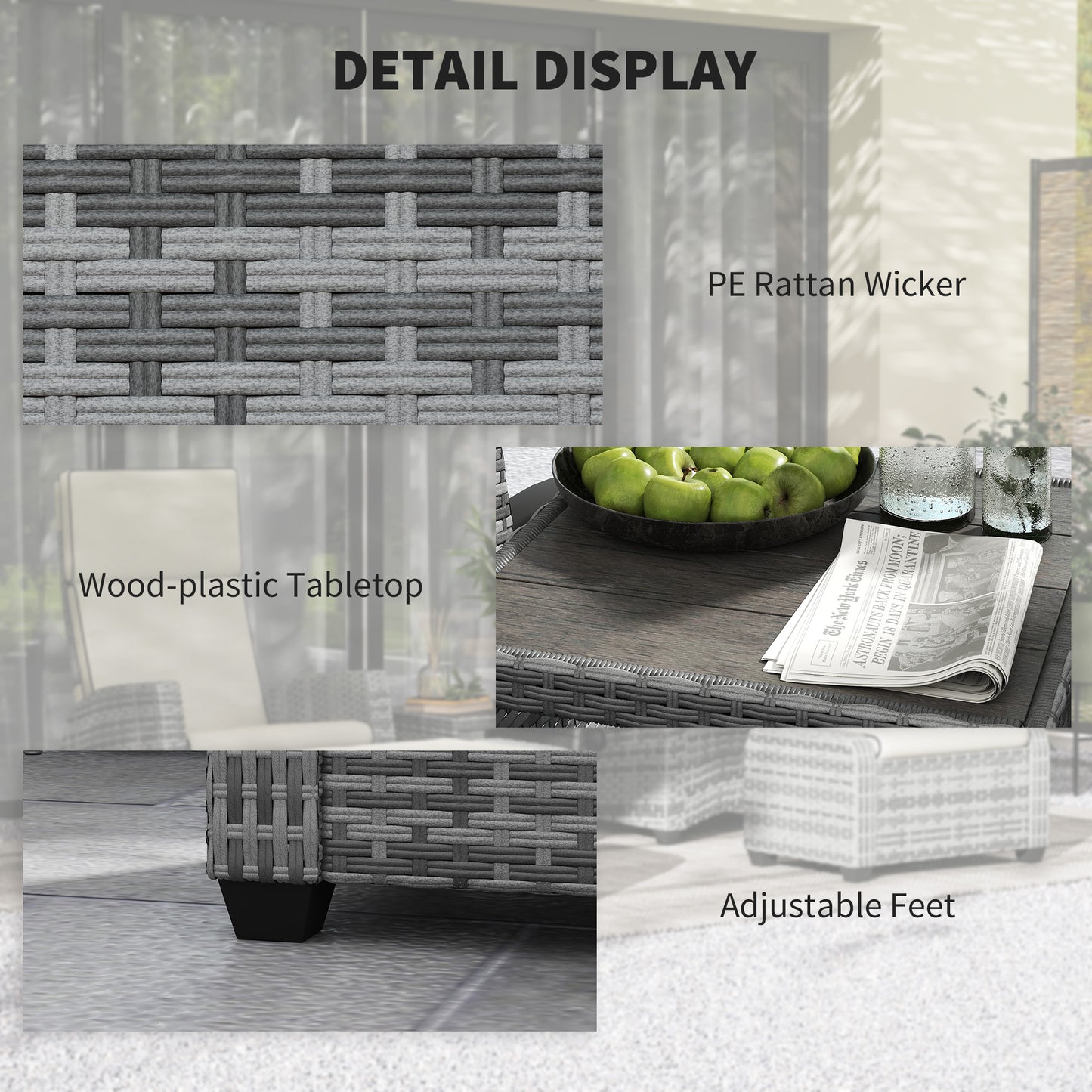 Difire Rattan Grey 5 Piece Garden Bistro Set With Cushions Recline Chairs Footstools and Coffee Table