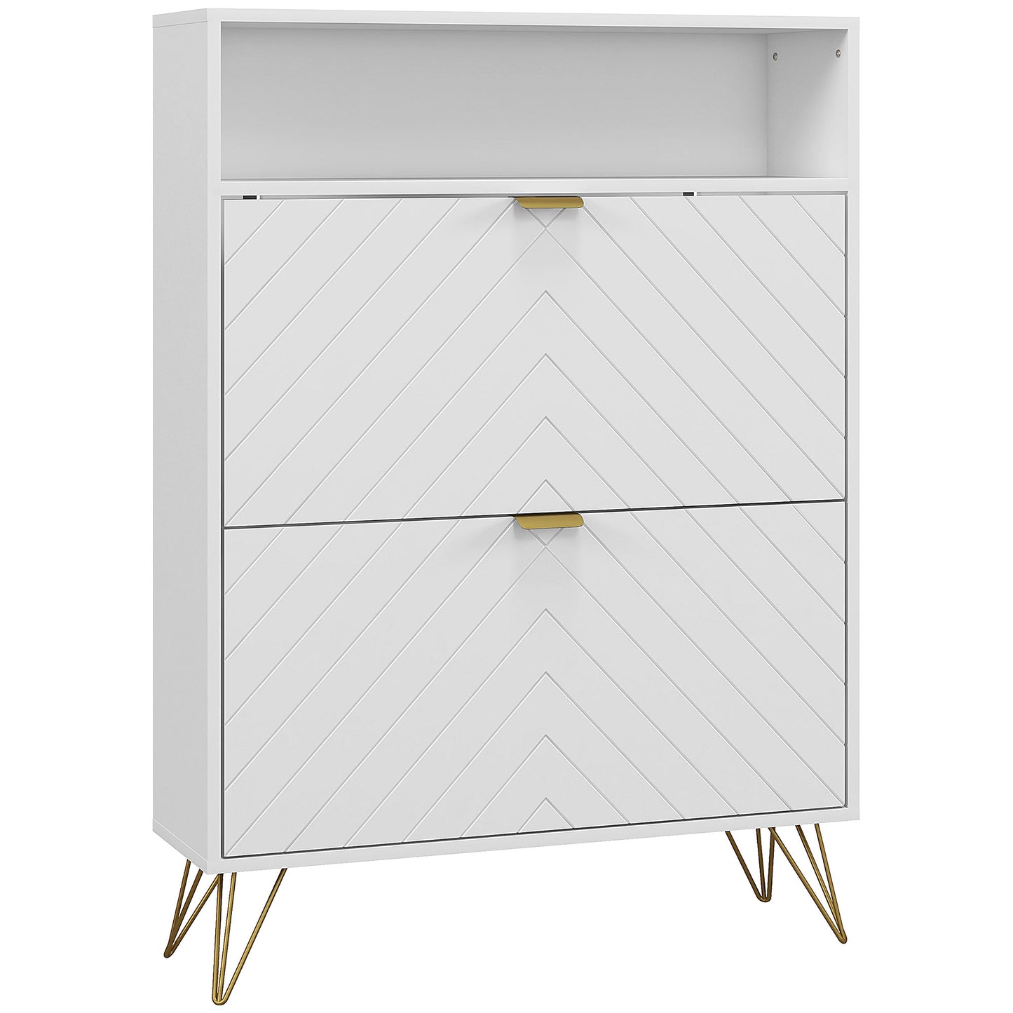 Notafa Wooden White Chevron Cabinet With Gold Accents For 12 Pairs