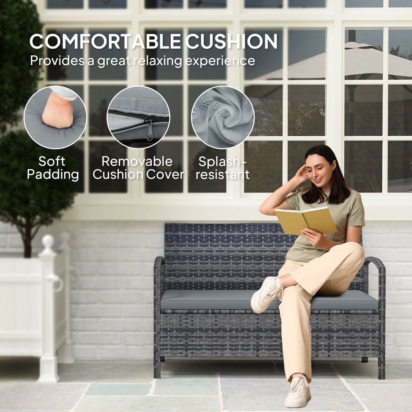 Rarette Rattan Grey Garden Storage Bench With Cushion 125L Capacity