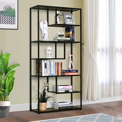 Elra Rana Metal And Wood Rustic Brown And Black 6 Tier Industrial Tall Bookcase