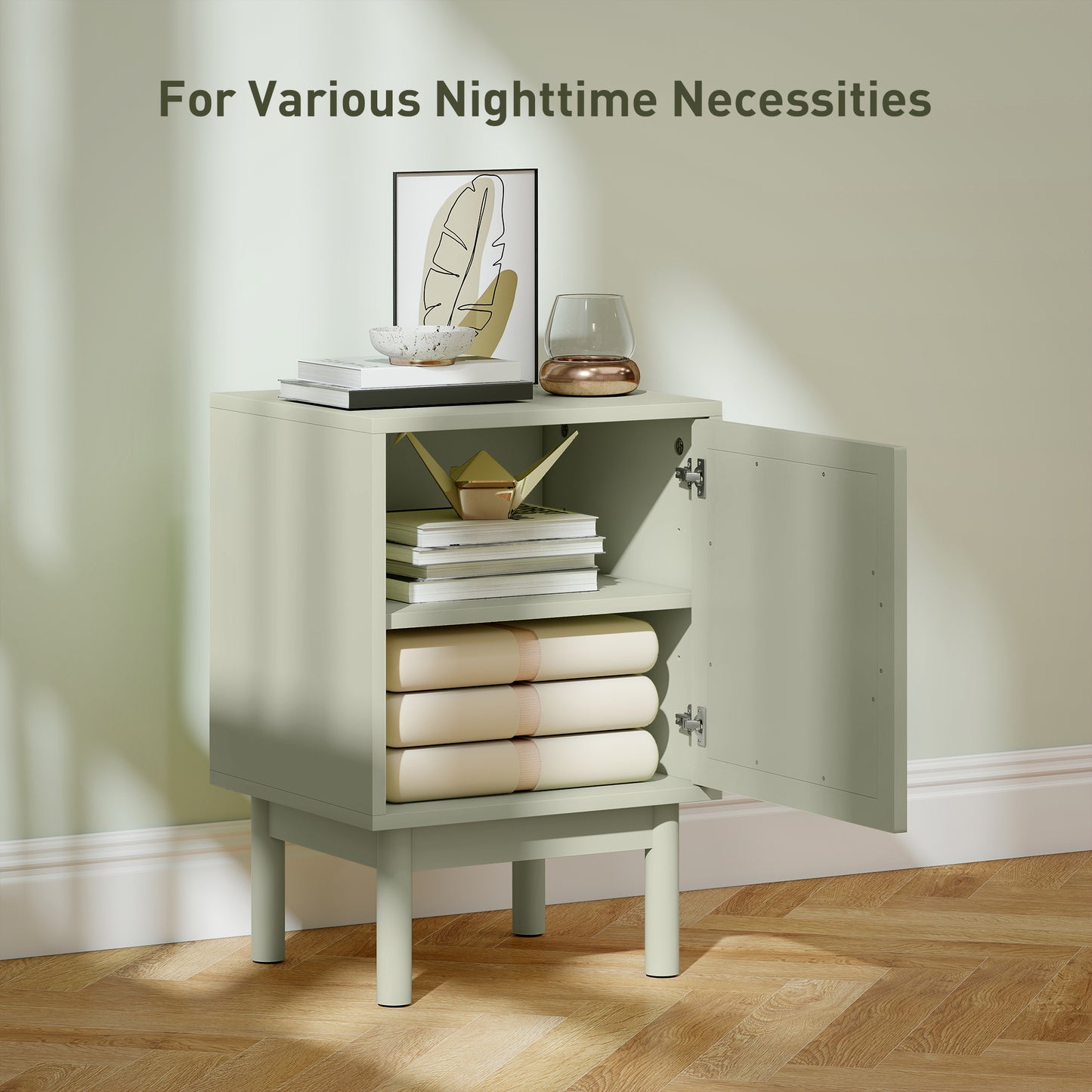 Yotomo Sake Light Green Rattan Bedside Table With Natural Woven Detail