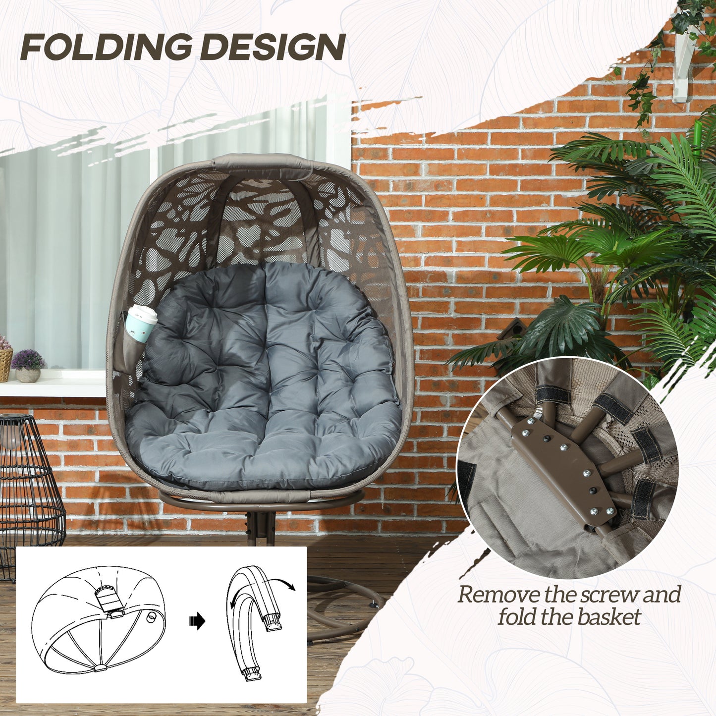 Nise Rattan And Metal Grey Swivel Egg Chair With Cushions