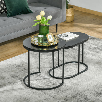 Coyo Metal And Wood Black And White Marble Effect Nest Of Tables