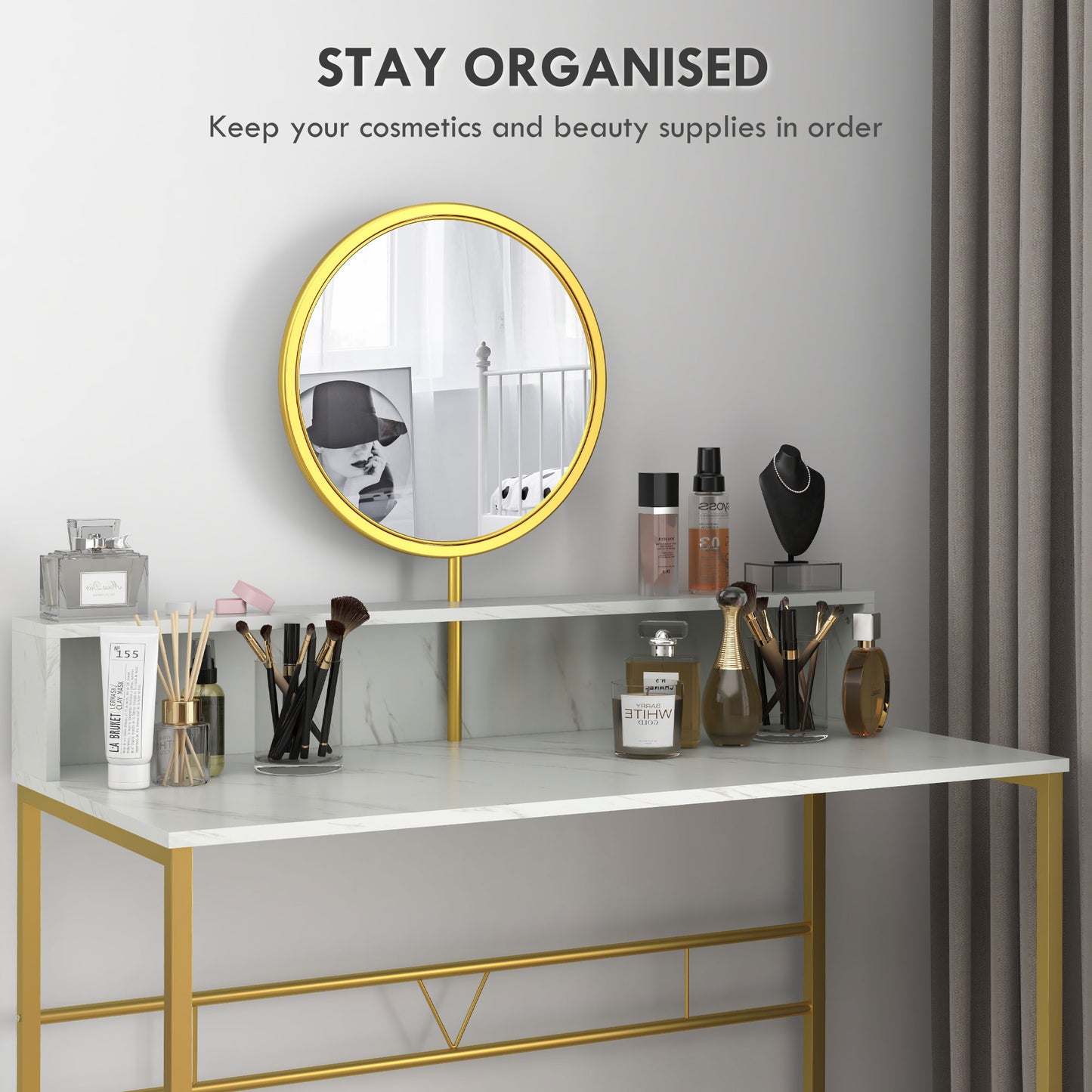 Toel White Faux Marble Dressing Table With Round Mirror Steel Frame And OFauxn Storage