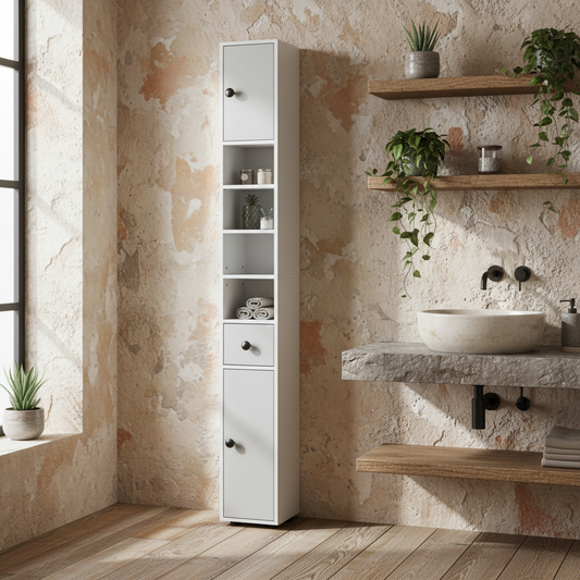Pabaha Tall Slim Bathroom Storage Cabinet With Drawers Shelves And Cupboards Light Grey