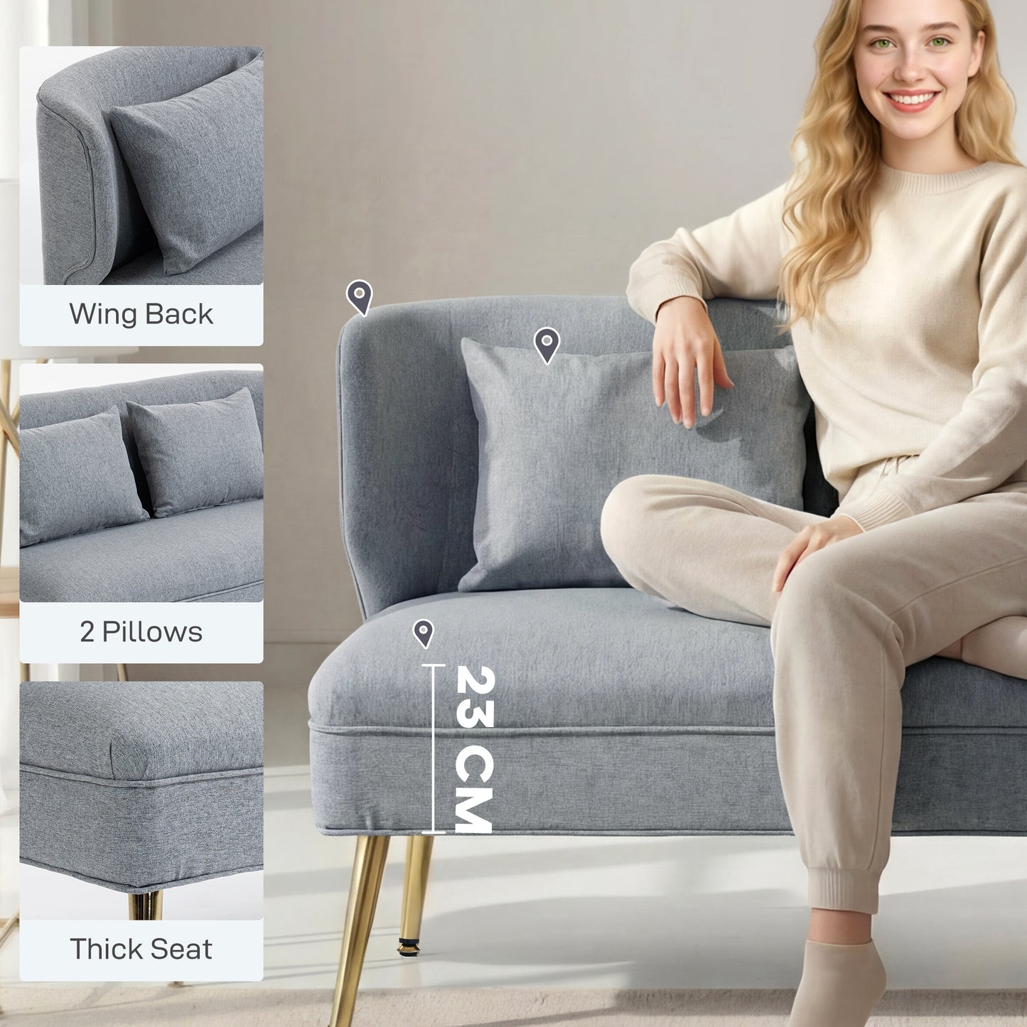 Rohaco Linen Effect Light Grey 2 Seater Sofa With Wingback Design And Metal Legs
