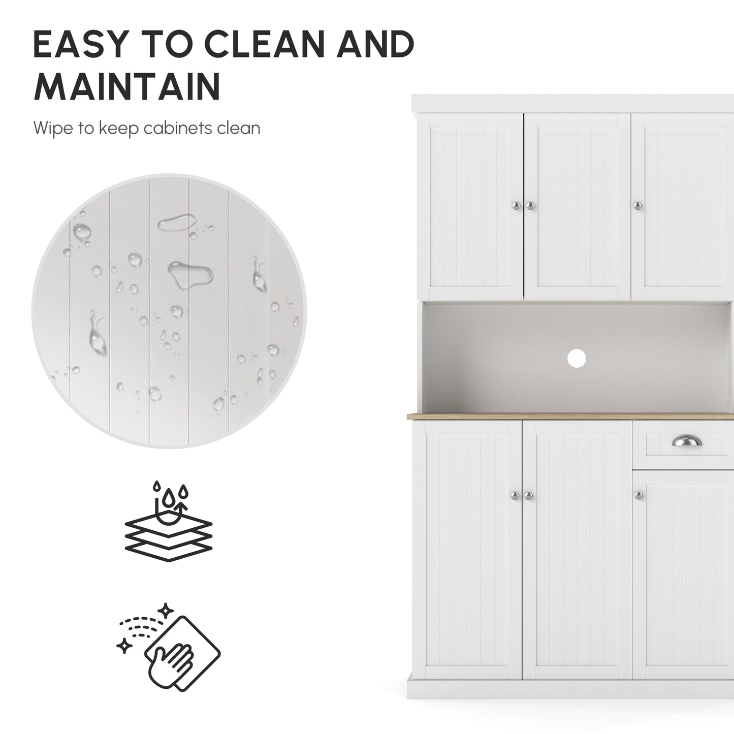 Moviel 180cm Tall Wooden White Kitchen Storage Cabinet With Open Counter Drawers And 6 Doors