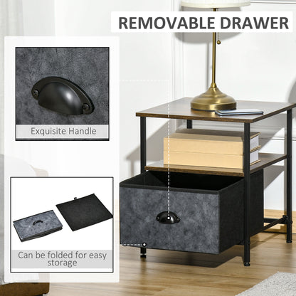 Nehayo Set of 2 Wooden Rustic Brown Bedside Tables With Grey Fabric Drawers