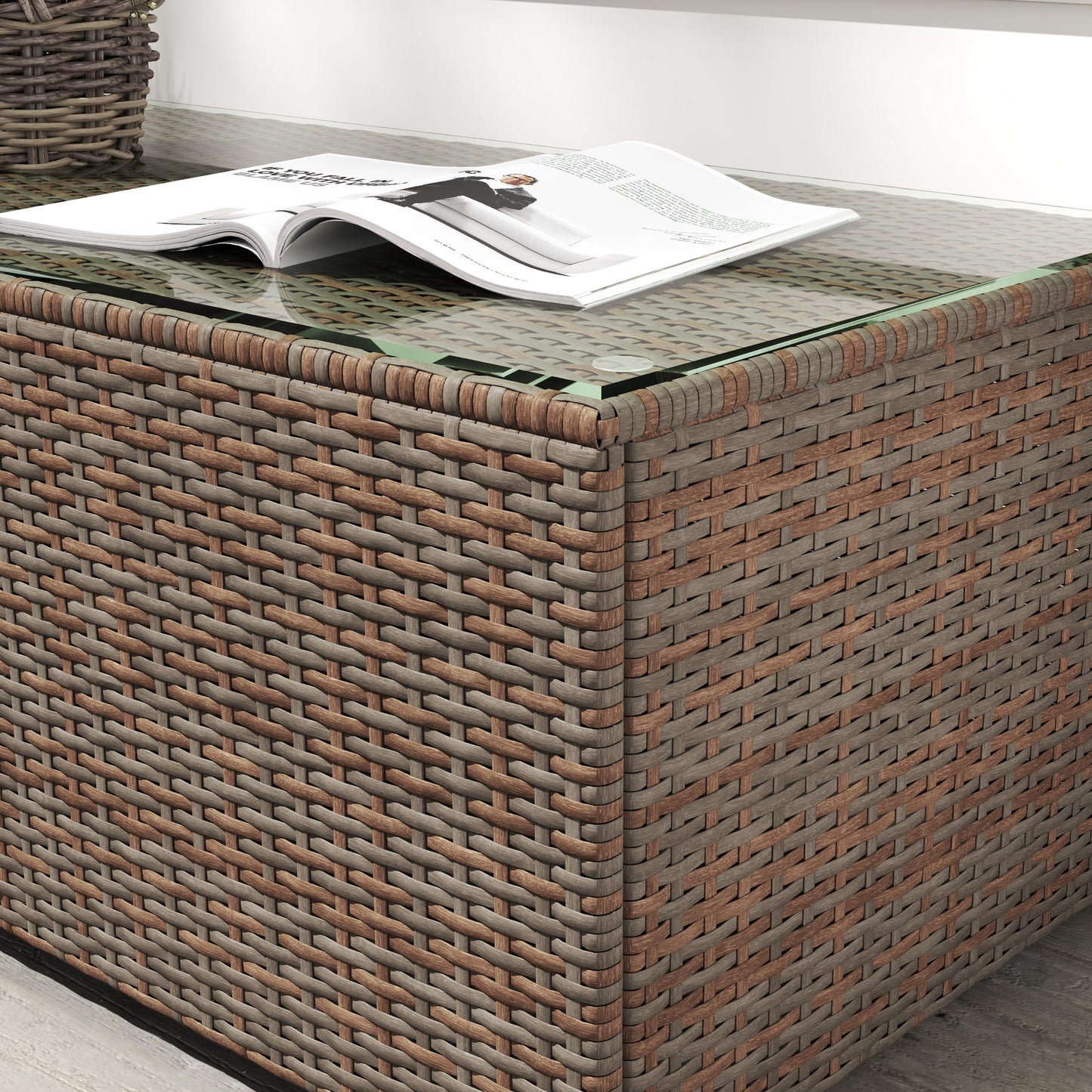 Pata Rattan Brown Rattan Outdoor Coffee Table Glass Top