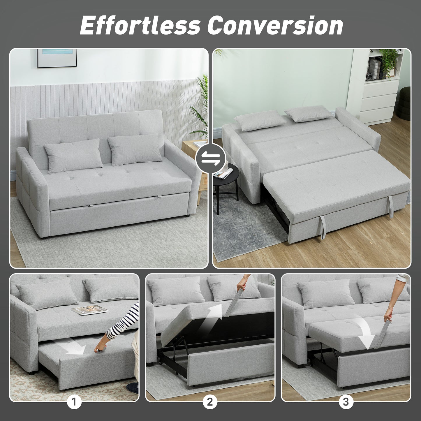Fapa Light Grey Fabric Upholstered 3 Way Convertible 2 Seater Sofa Bed