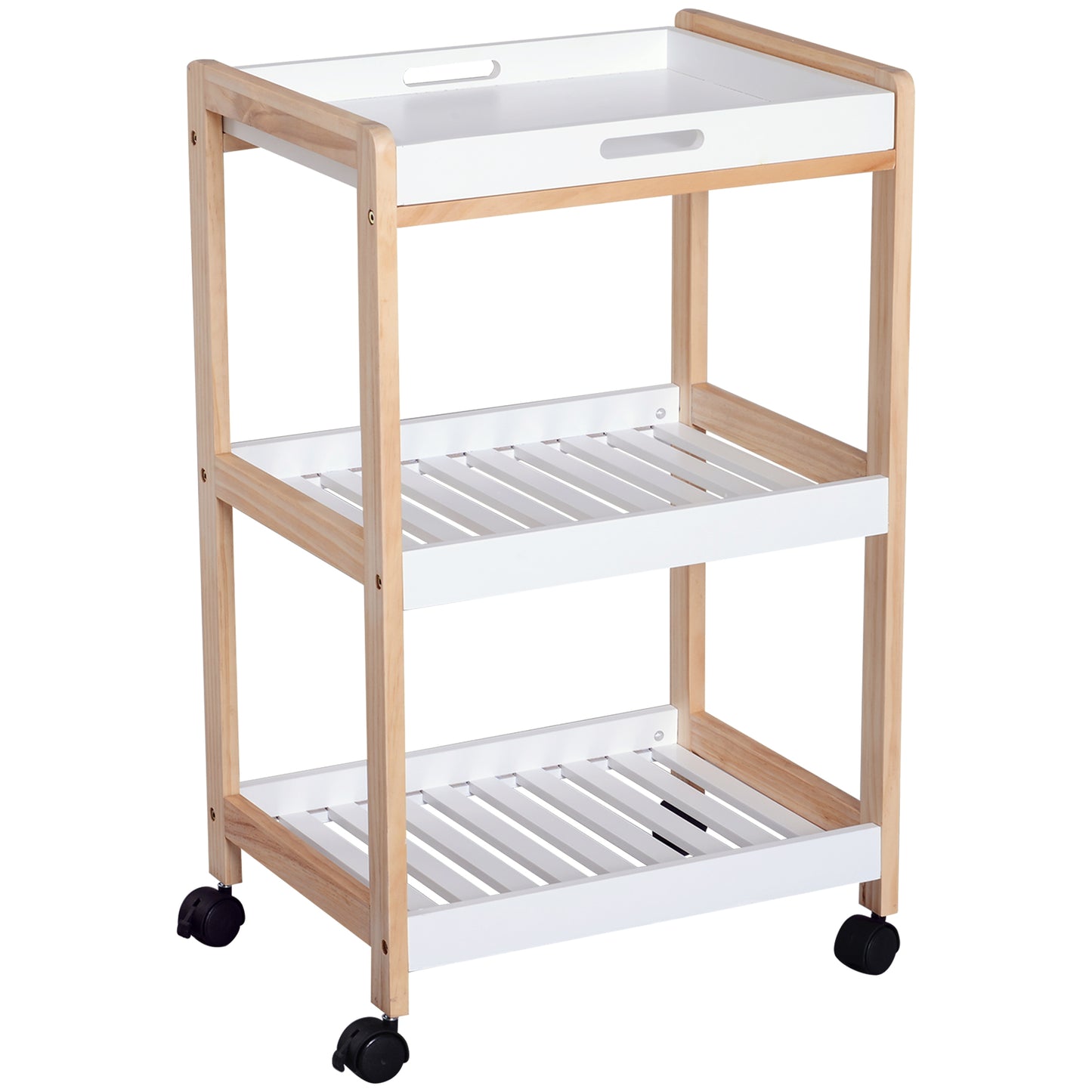 Vesa Wooden White 3 Tier Mobile Kitchen Trolley With Shelves