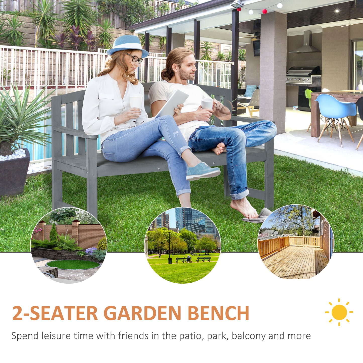 Tola 143cm Grey Wood 2 Seater Garden Bench With Armrests Slatted Frame
