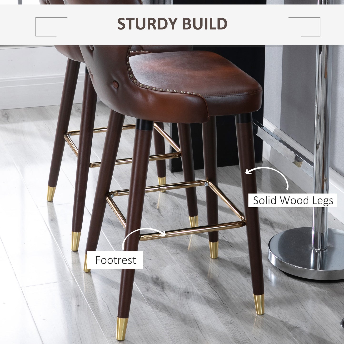 Halotti Faux Leather Brown Bar Stools Set Of 2 With Back Support And Wooden Legs