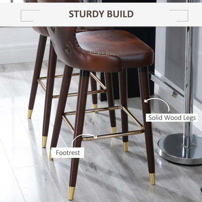 Halotti Faux Leather Brown Bar Stools Set Of 2 With Back Support And Wooden Legs