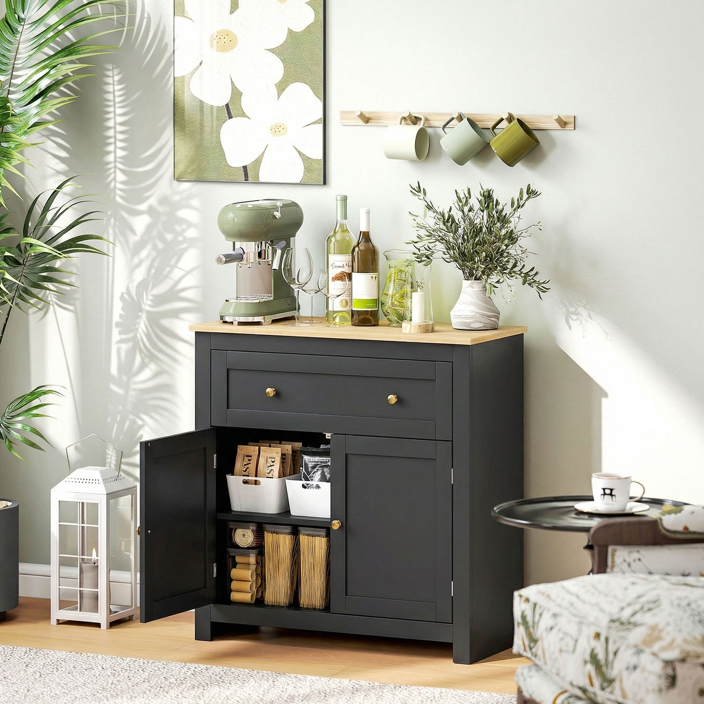 Elrere Wooden Black Modern Sideboard With Drawers Adjustable Shelves And Double Doors