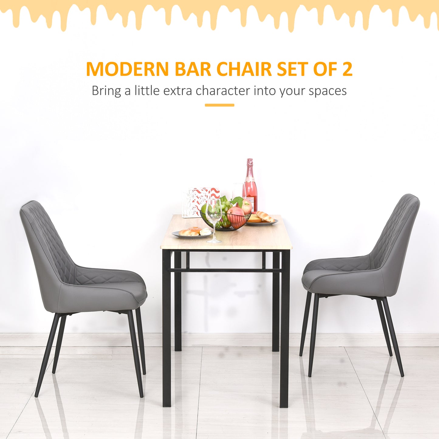 Farazi Faux Leather Grey Quilted Dining Chairs Set Of 2 With Steel Frame And Foot Caps