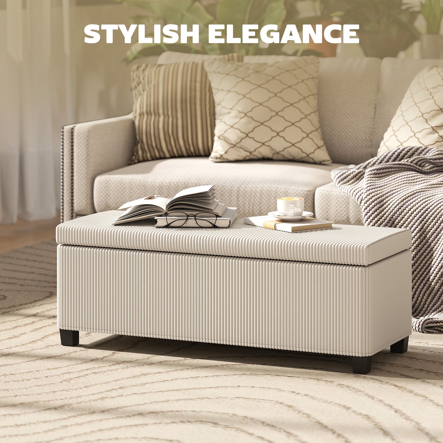 Toha Beige Corduroy Storage Ottoman Bench With Removable Lid