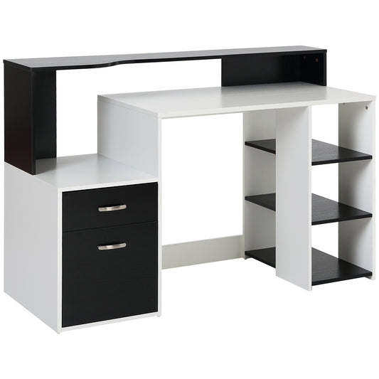Lisodi Suvi Wooden Black And White Office Workstation Desk With Drawers Shelves And Printer Stand 137 x 55 x 92 cm