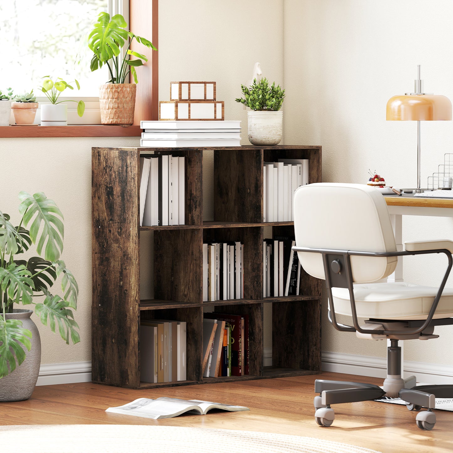 Toleel Wooden Rustic Brown 9 Cube Storage Bookcase
