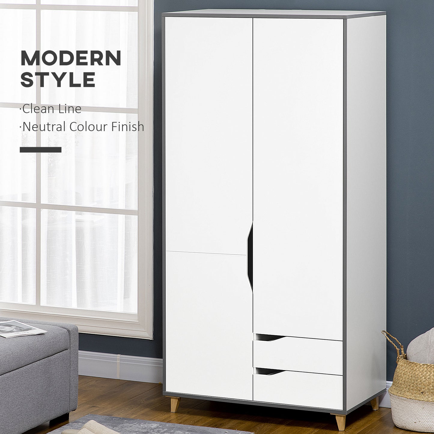 Demimar Grey And White Bedroom Furniture Set With Wardrobe and Chest Of Drawers