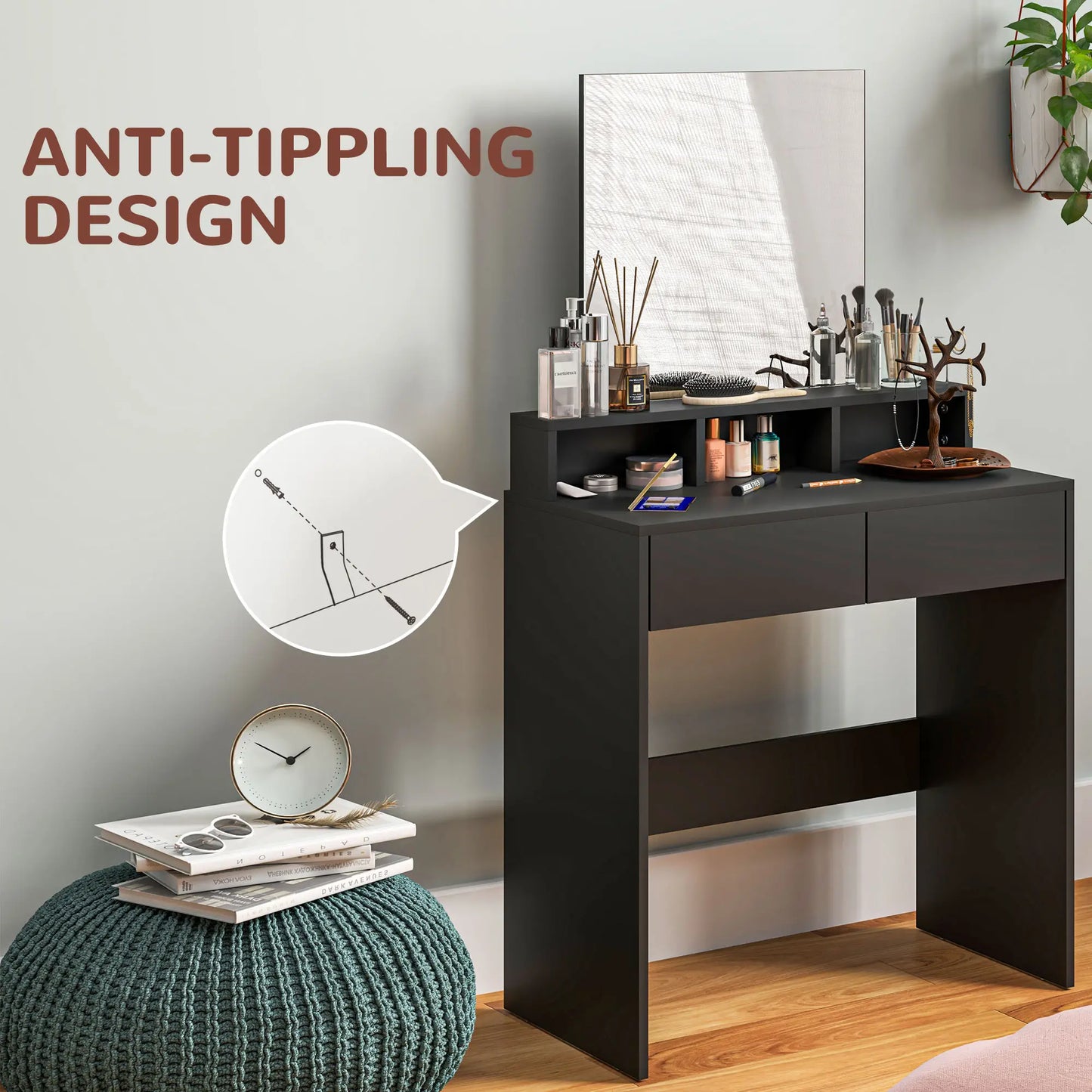 Merotto Black Dressing Table With Mirror And Multi Storage Layout