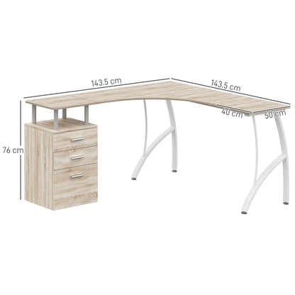 Lelolo 143cm Oak Industrial L Shaped Corner Desk With 3 Drawers