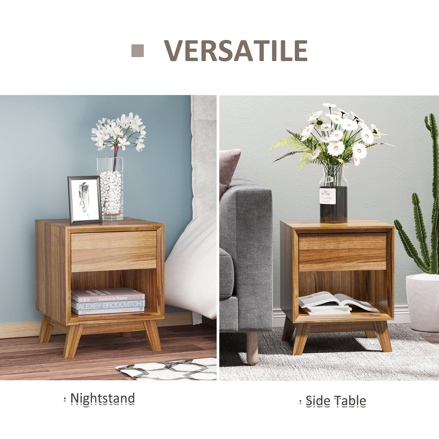 Novafa Walnut Brown Bedside Table With Drawer And Shelf Storage