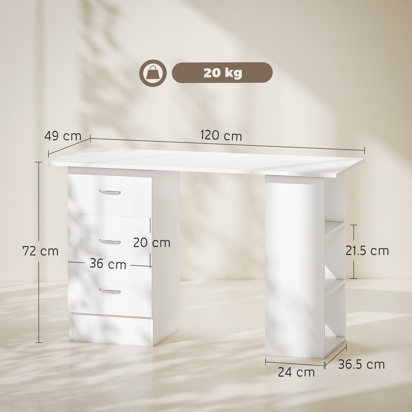 Kamore 120cm Wooden White Study Desk With 3 Side Shelves And 3 Drawers