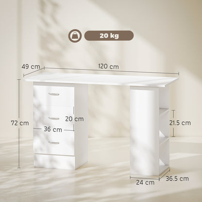 Kamore 120cm Wooden White Study Desk With 3 Side Shelves And 3 Drawers